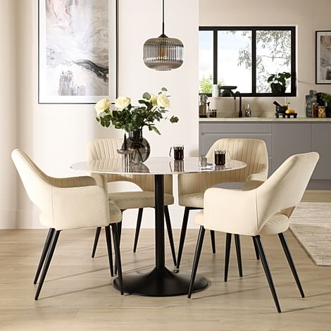 Orbit Round Dining Table & 4 Clara Dining Chairs, Grey Marble Effect & Black Steel, Ivory Classic Plush Fabric, 110cm