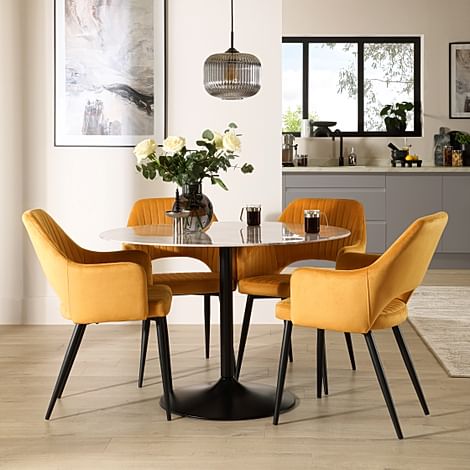 Orbit Round Dining Table & 4 Clara Dining Chairs, Grey Marble Effect & Black Steel, Mustard Classic Velvet, 110cm