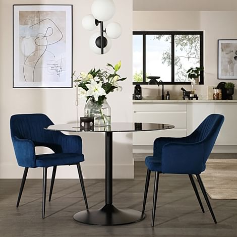 Orbit Round Dining Table & 2 Clara Dining Chairs, Black Marble Effect & Black Steel, Blue Classic Velvet, 110cm