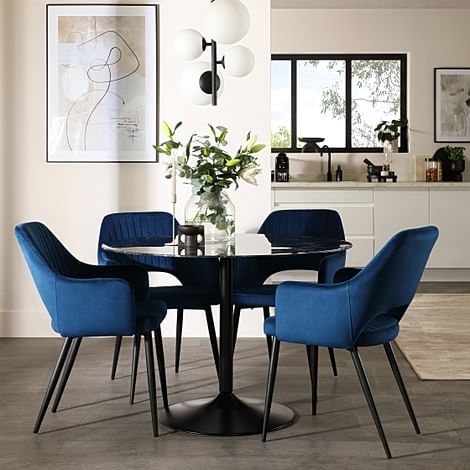 Orbit Round Dining Table & 4 Clara Dining Chairs, Black Marble Effect & Black Steel, Blue Classic Velvet, 110cm