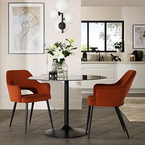Orbit Round Dining Table & 2 Clara Dining Chairs, Black Marble Effect & Black Steel, Burnt Orange Classic Velvet, 110cm