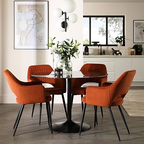Orbit Round Dining Table & 4 Clara Dining Chairs, Black Marble Effect & Black Steel, Burnt Orange Classic Velvet, 110cm