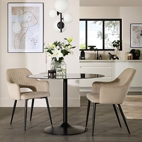 Orbit Round Dining Table & 2 Clara Dining Chairs, Black Marble Effect & Black Steel, Champagne Classic Velvet, 110cm