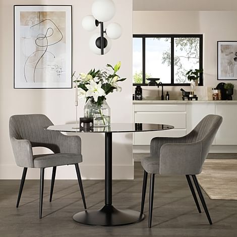 Orbit Round Dining Table & 2 Clara Dining Chairs, Black Marble Effect & Black Steel, Grey Classic Velvet, 110cm