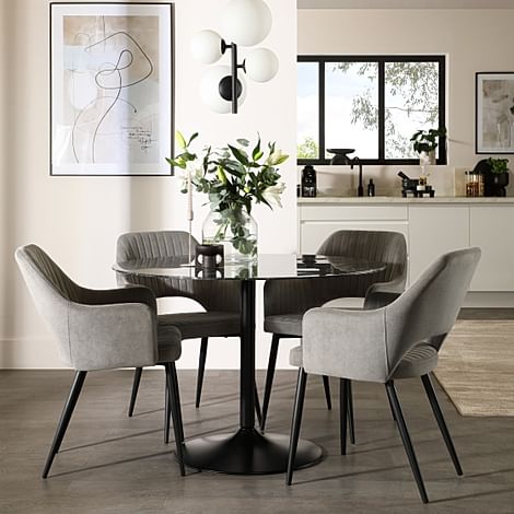 Orbit Round Dining Table & 4 Clara Dining Chairs, Black Marble Effect & Black Steel, Grey Classic Velvet, 110cm