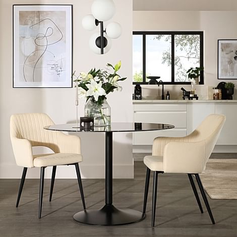Orbit Round Dining Table & 2 Clara Dining Chairs, Black Marble Effect & Black Steel, Ivory Classic Plush Fabric, 110cm
