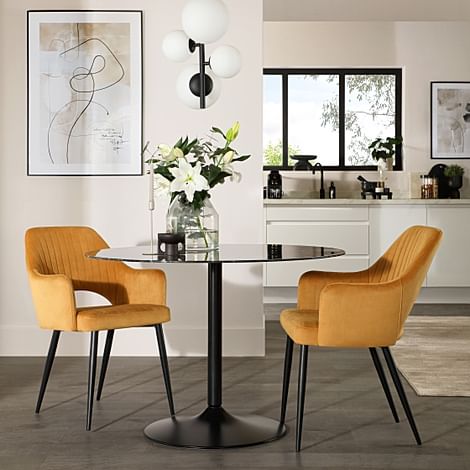Orbit Round Dining Table & 2 Clara Dining Chairs, Black Marble Effect & Black Steel, Mustard Classic Velvet, 110cm