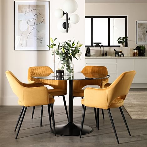 Orbit Round Dining Table & 4 Clara Dining Chairs, Black Marble Effect & Black Steel, Mustard Classic Velvet, 110cm