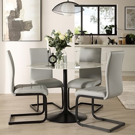 Orbit Round Dining Table & 4 Perth Dining Chairs, White Marble Effect & Black Steel, Light Grey Classic Faux Leather, 110cm