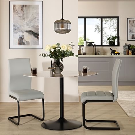 Orbit Round Dining Table & 2 Perth Dining Chairs, Grey Marble Effect & Black Steel, Light Grey Classic Faux Leather, 110cm