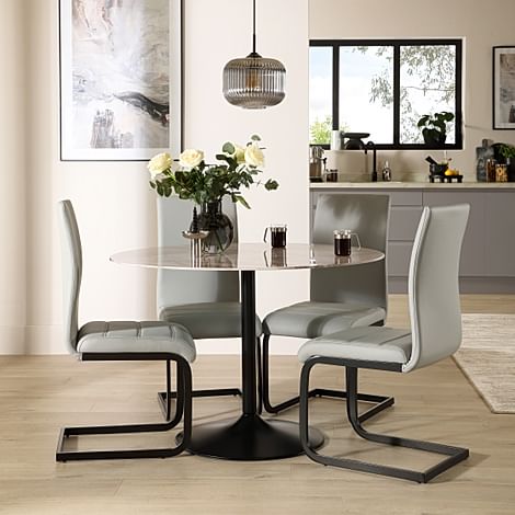 Orbit Round Dining Table & 4 Perth Dining Chairs, Grey Marble Effect & Black Steel, Light Grey Classic Faux Leather, 110cm
