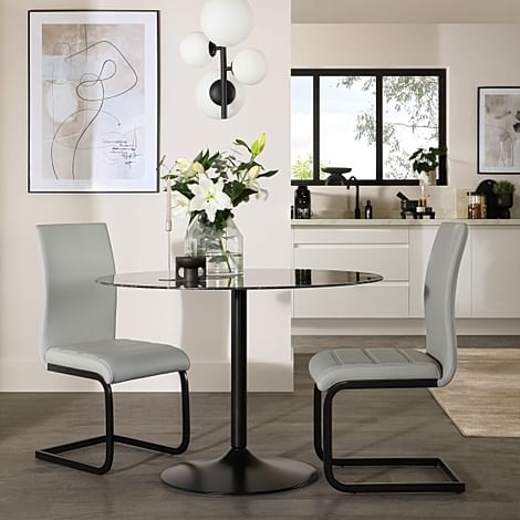 Orbit Round Dining Table & 2 Perth Dining Chairs, Black Marble Effect & Black Steel, Light Grey Classic Faux Leather, 110cm