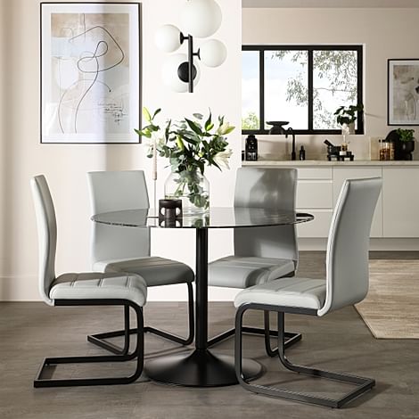 Orbit Round Dining Table & 4 Perth Dining Chairs, Black Marble Effect & Black Steel, Light Grey Classic Faux Leather, 110cm