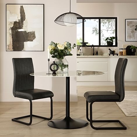 Orbit Round Dining Table & 2 Perth Dining Chairs, White Marble Effect & Black Steel, Vintage Grey Classic Faux Leather, 110cm