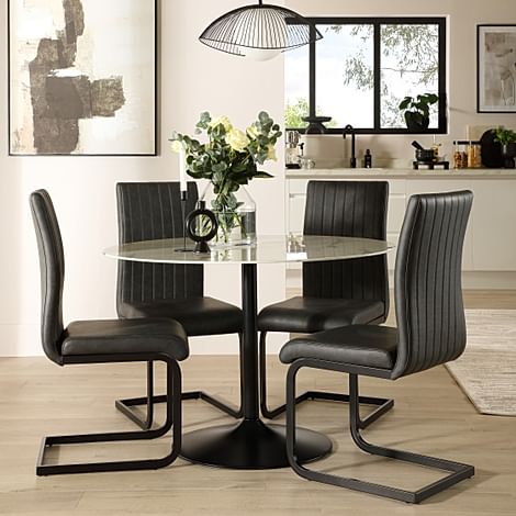 Orbit Round Dining Table & 4 Perth Dining Chairs, White Marble Effect & Black Steel, Vintage Grey Classic Faux Leather, 110cm