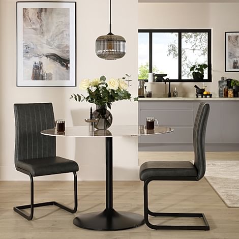 Orbit Round Dining Table & 2 Perth Dining Chairs, Grey Marble Effect & Black Steel, Vintage Grey Classic Faux Leather, 110cm