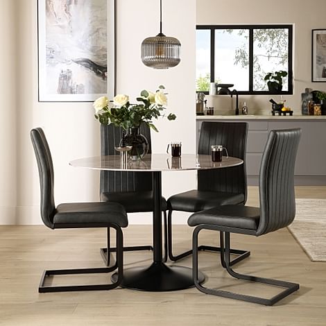 Orbit Round Dining Table & 4 Perth Dining Chairs, Grey Marble Effect & Black Steel, Vintage Grey Classic Faux Leather, 110cm