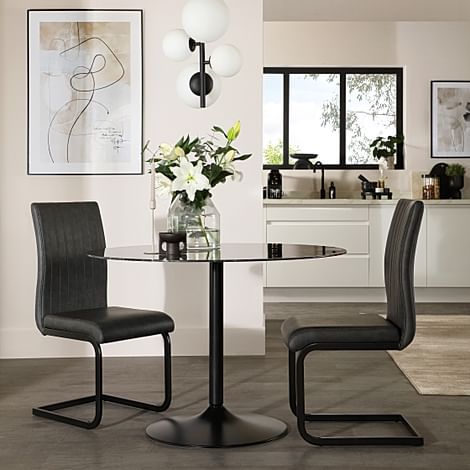 Orbit Round Dining Table & 2 Perth Dining Chairs, Black Marble Effect & Black Steel, Vintage Grey Classic Faux Leather, 110cm