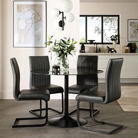 Orbit Round Dining Table & 4 Perth Dining Chairs, Black Marble Effect & Black Steel, Vintage Grey Classic Faux Leather, 110cm