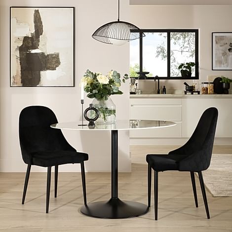 Orbit Round Dining Table & 2 Ricco Dining Chairs, White Marble Effect & Black Steel, Black Classic Velvet, 110cm