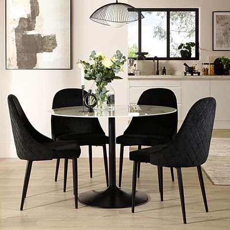 Orbit Round Dining Table & 4 Ricco Dining Chairs, White Marble Effect & Black Steel, Black Classic Velvet, 110cm