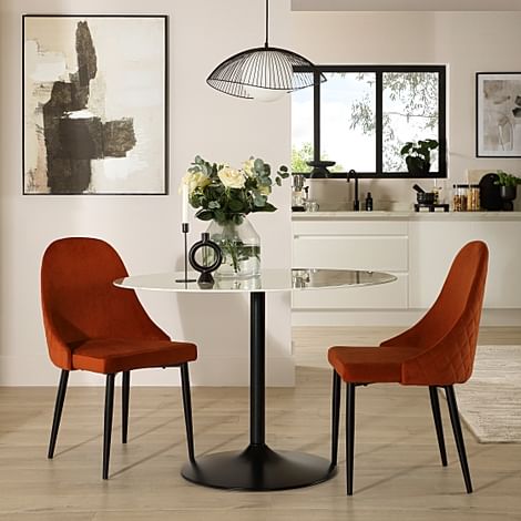Orbit Round Dining Table & 2 Ricco Dining Chairs, White Marble Effect & Black Steel, Burnt Orange Classic Velvet, 110cm