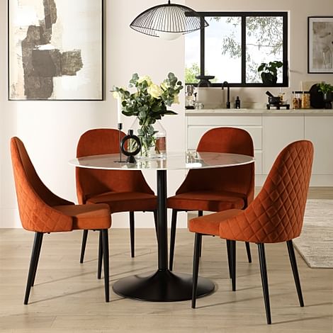 Orbit Round Dining Table & 4 Ricco Dining Chairs, White Marble Effect & Black Steel, Burnt Orange Classic Velvet, 110cm
