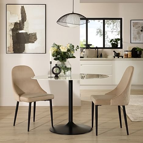 Orbit Round Dining Table & 2 Ricco Dining Chairs, White Marble Effect & Black Steel, Champagne Classic Velvet, 110cm