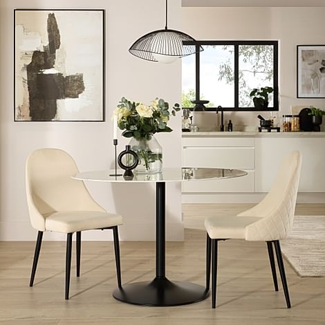 Orbit Round Dining Table & 2 Ricco Dining Chairs, White Marble Effect & Black Steel, Ivory Classic Plush Fabric, 110cm