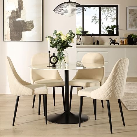 Orbit Round Dining Table & 4 Ricco Dining Chairs, White Marble Effect & Black Steel, Ivory Classic Plush Fabric, 110cm