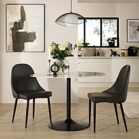 Orbit Round Dining Table & 2 Ricco Dining Chairs, White Marble Effect & Black Steel, Vintage Grey Premium Faux Leather, 110cm