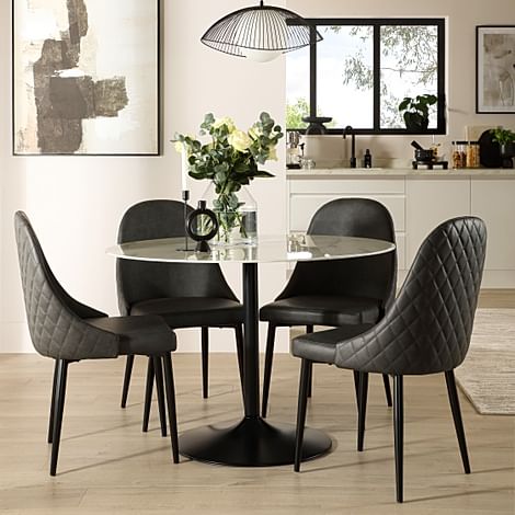 Orbit Round Dining Table & 4 Ricco Dining Chairs, White Marble Effect & Black Steel, Vintage Grey Premium Faux Leather, 110cm