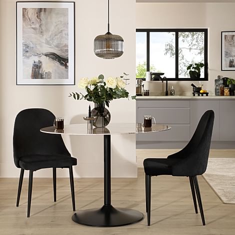 Orbit Round Dining Table & 2 Ricco Dining Chairs, Grey Marble Effect & Black Steel, Black Classic Velvet, 110cm
