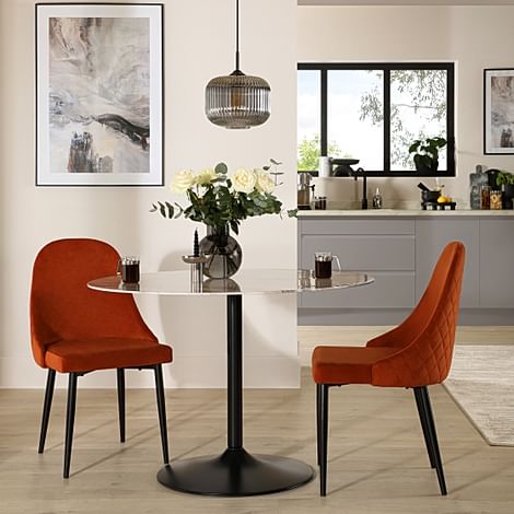 Orbit Round Dining Table & 2 Ricco Dining Chairs, Grey Marble Effect & Black Steel, Burnt Orange Classic Velvet, 110cm