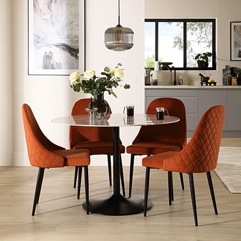 Orbit Round Dining Table & 4 Ricco Dining Chairs, Grey Marble Effect & Black Steel, Burnt Orange Classic Velvet, 110cm