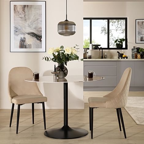 Orbit Round Dining Table & 2 Ricco Dining Chairs, Grey Marble Effect & Black Steel, Champagne Classic Velvet, 110cm
