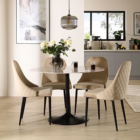 Orbit Round Dining Table & 4 Ricco Dining Chairs, Grey Marble Effect & Black Steel, Champagne Classic Velvet, 110cm