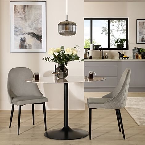Orbit Round Dining Table & 2 Ricco Dining Chairs, Grey Marble Effect & Black Steel, Grey Classic Velvet, 110cm