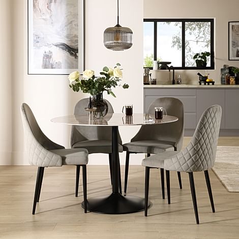 Orbit Round Dining Table & 4 Ricco Dining Chairs, Grey Marble Effect & Black Steel, Grey Classic Velvet, 110cm