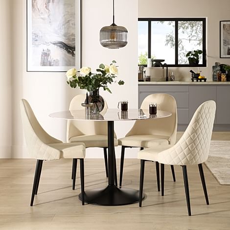 Orbit Round Dining Table & 4 Ricco Dining Chairs, Grey Marble Effect & Black Steel, Ivory Classic Plush Fabric, 110cm