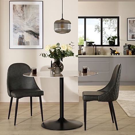 Orbit Round Dining Table & 2 Ricco Dining Chairs, Grey Marble Effect & Black Steel, Vintage Grey Premium Faux Leather, 110cm