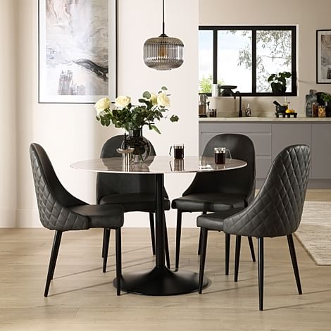 Orbit Round Dining Table & 4 Ricco Dining Chairs, Grey Marble Effect & Black Steel, Vintage Grey Premium Faux Leather, 110cm