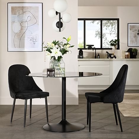 Orbit Round Dining Table & 2 Ricco Dining Chairs, Black Marble Effect & Black Steel, Black Classic Velvet, 110cm