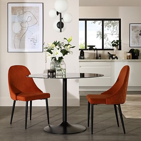 Orbit Round Dining Table & 2 Ricco Dining Chairs, Black Marble Effect & Black Steel, Burnt Orange Classic Velvet, 110cm