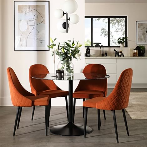 Orbit Round Dining Table & 4 Ricco Dining Chairs, Black Marble Effect & Black Steel, Burnt Orange Classic Velvet, 110cm