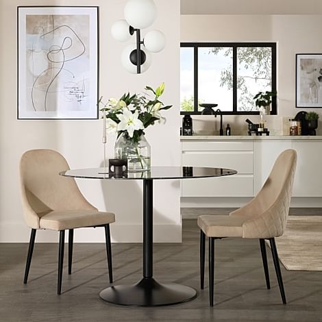 Orbit Round Dining Table & 2 Ricco Dining Chairs, Black Marble Effect & Black Steel, Champagne Classic Velvet, 110cm