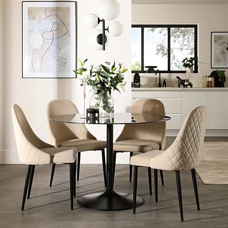 Orbit Round Dining Table & 4 Ricco Dining Chairs, Black Marble Effect & Black Steel, Champagne Classic Velvet, 110cm