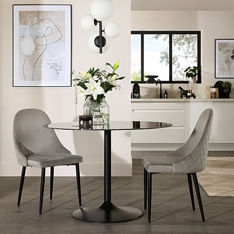 Orbit Round Dining Table & 2 Ricco Dining Chairs, Black Marble Effect & Black Steel, Grey Classic Velvet, 110cm
