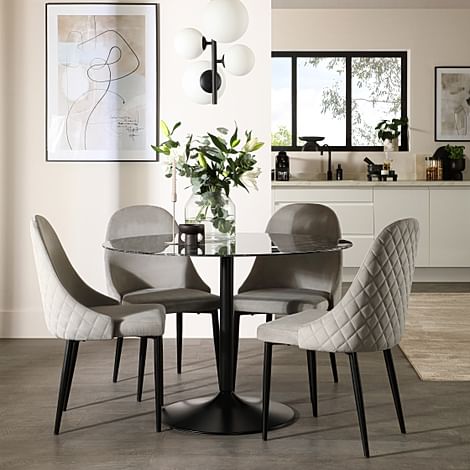 Orbit Round Dining Table & 4 Ricco Dining Chairs, Black Marble Effect & Black Steel, Grey Classic Velvet, 110cm