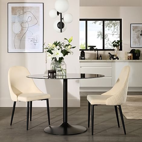 Orbit Round Dining Table & 2 Ricco Dining Chairs, Black Marble Effect & Black Steel, Ivory Classic Plush Fabric, 110cm